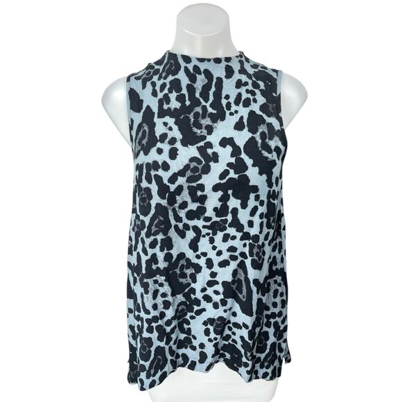 Topshop Black Blue Sleeveless Animal Leopard Print High Neck Blouse Tank Top 6 - Picture 1 of 4